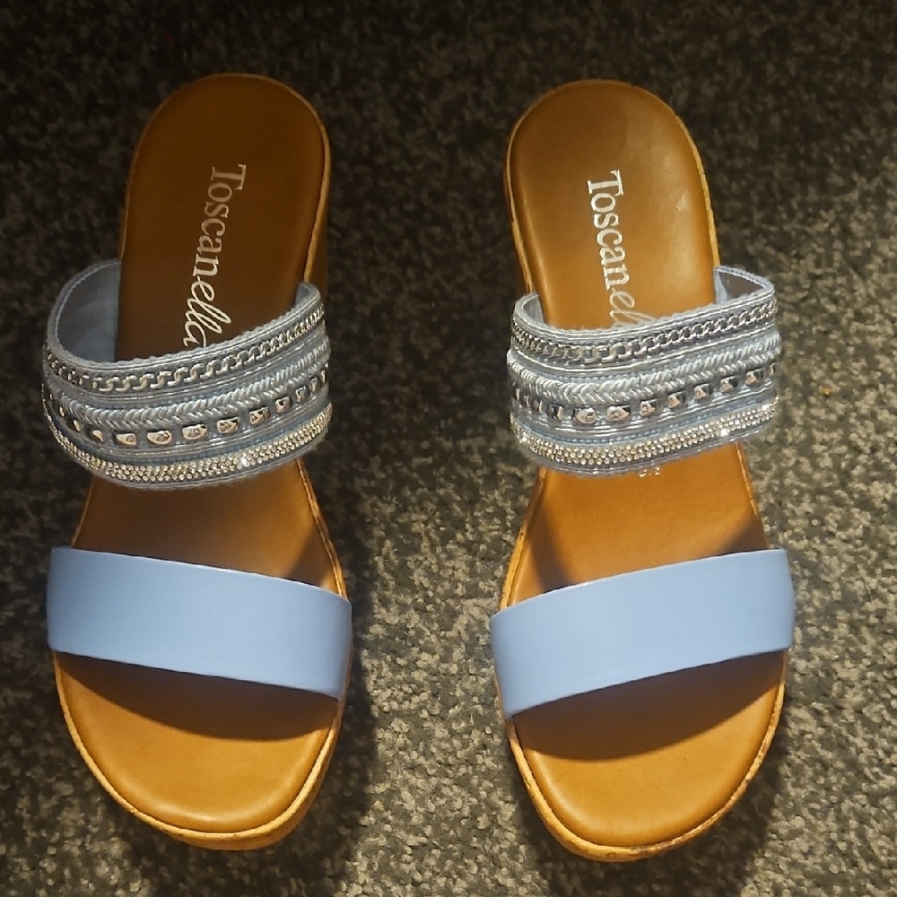 Toscanella Blue Gracelin Cork 2.75" Wedge Rhinestone Made In Italy Sandal Sz 8.5